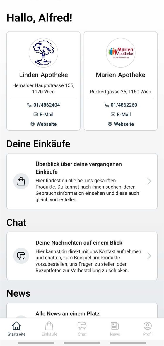 Startseite der LiMa-App mit Linden- und Marien-Apotheke