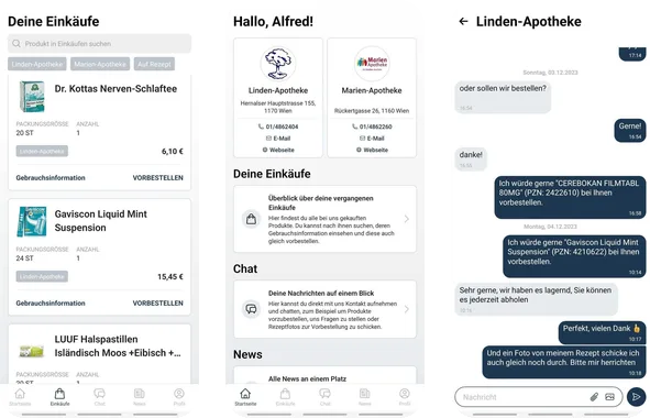 Drei Ansichten der LiMa-App: Ihre Einkäufe, Startseite mit Linden- und Marien-Apotheke, Chat mit der Apotheke